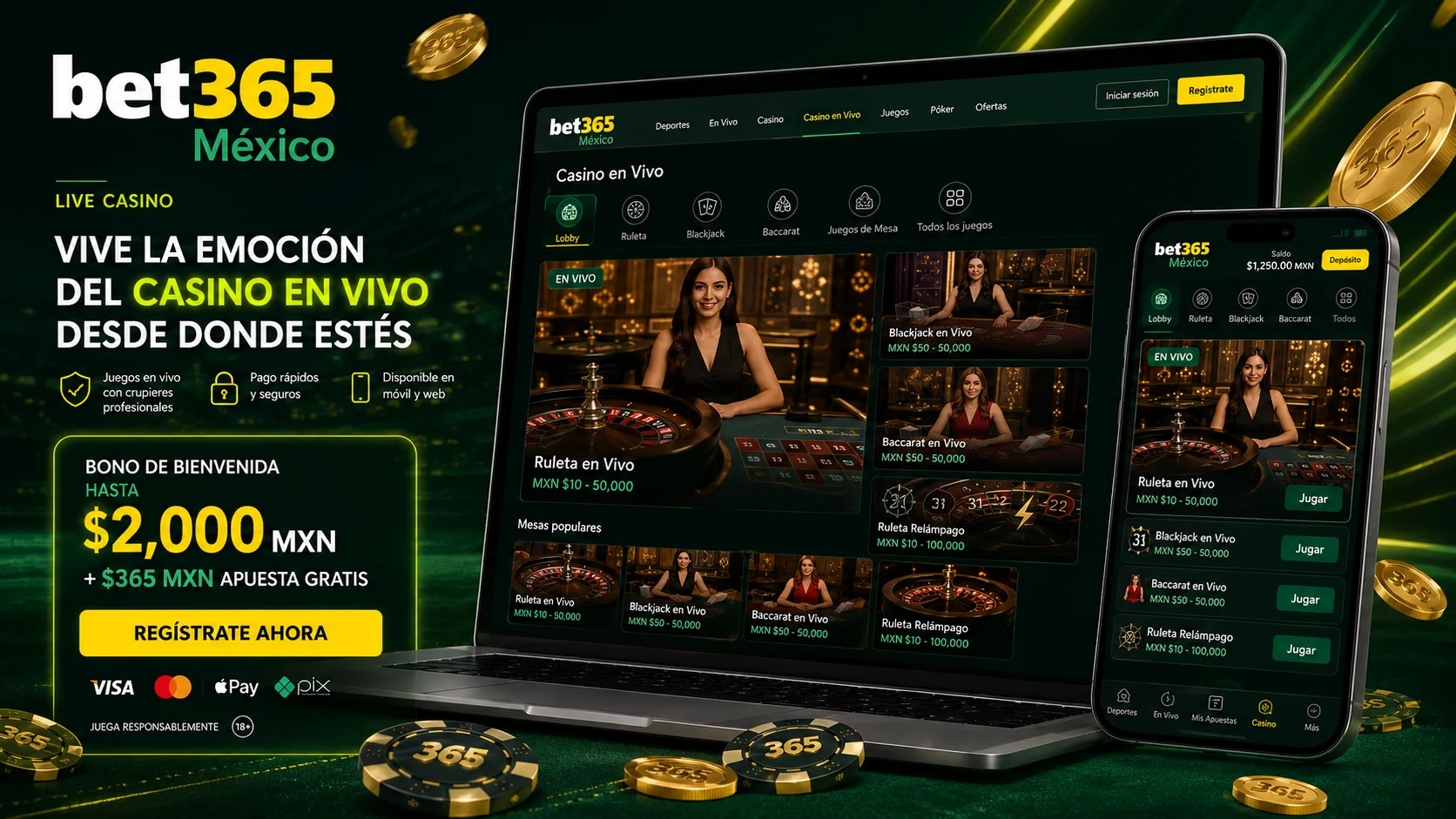 Mesa de casino en vivo con ruleta y crupier, estilo premium